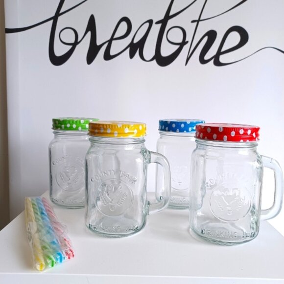 Set of 4 Mason Jar Glasses | Handles + Colored Metal Lids + Reusable Straws - Picture 3 of 5